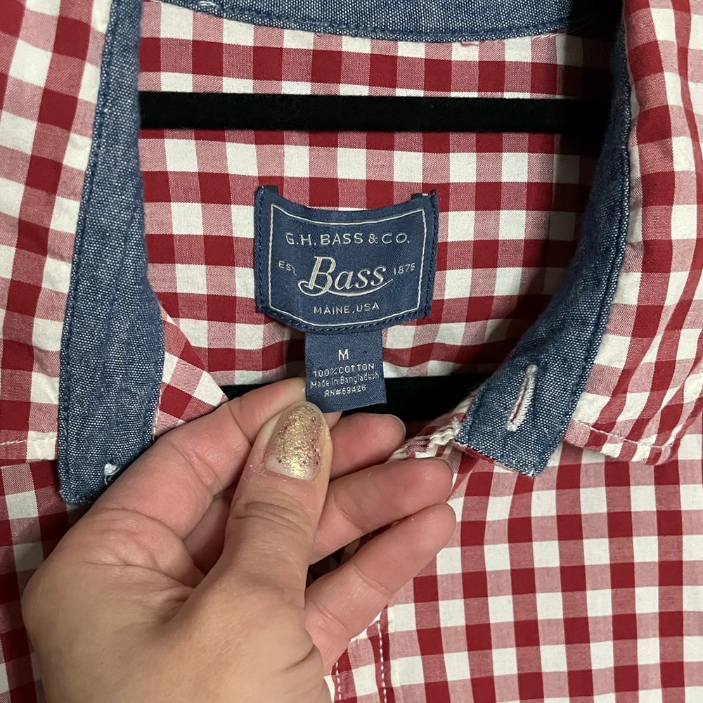 Bass Red & White Checked 100% Cotton Button-Up Long Sleeve Shirt RN 69426 - Picture 11 of 14